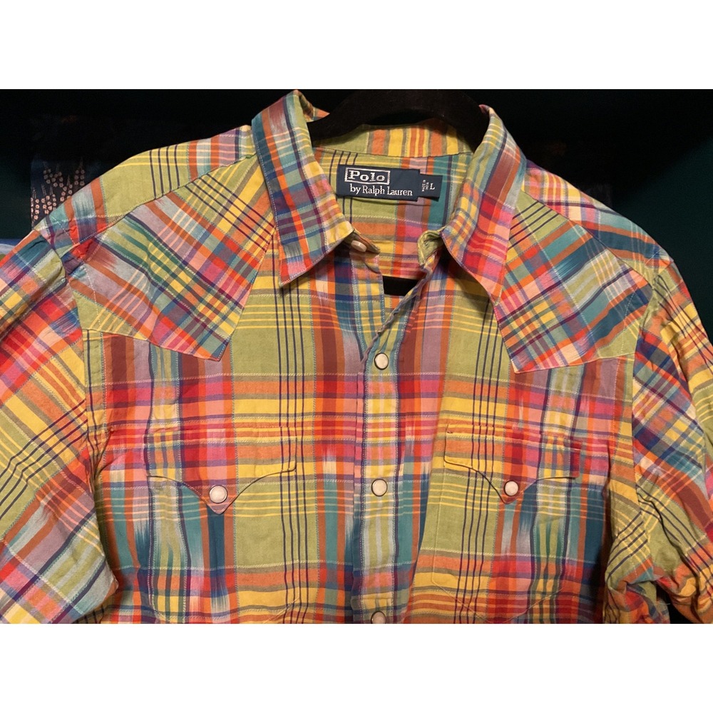 Polo Ralph Lauren Mens Plaid Western Pearl Snap Shirt Multi Color Large